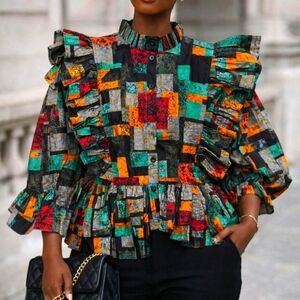 Elegant Multicolor Ruffle Sleeve Top